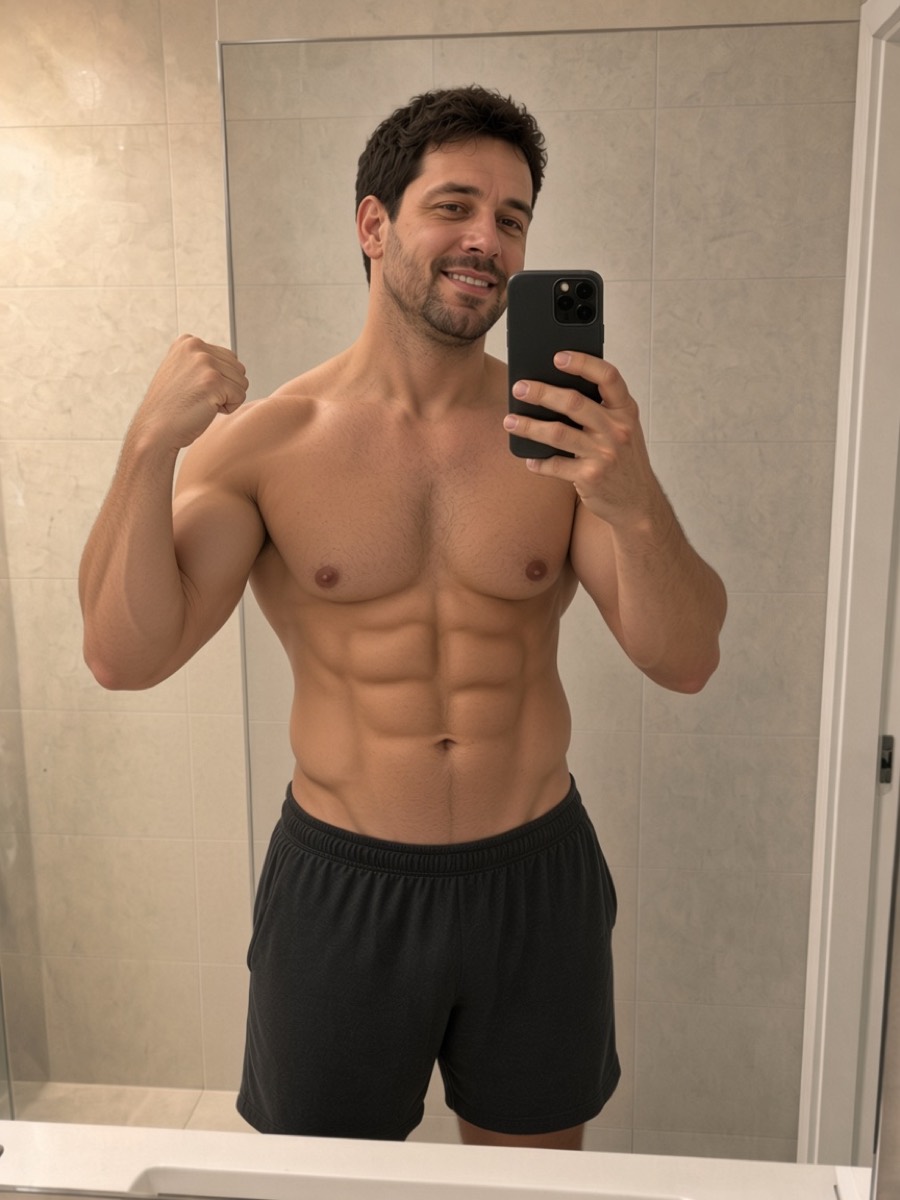 Month 6 bathroom selfie, smiling at the camera and curling the free arm.