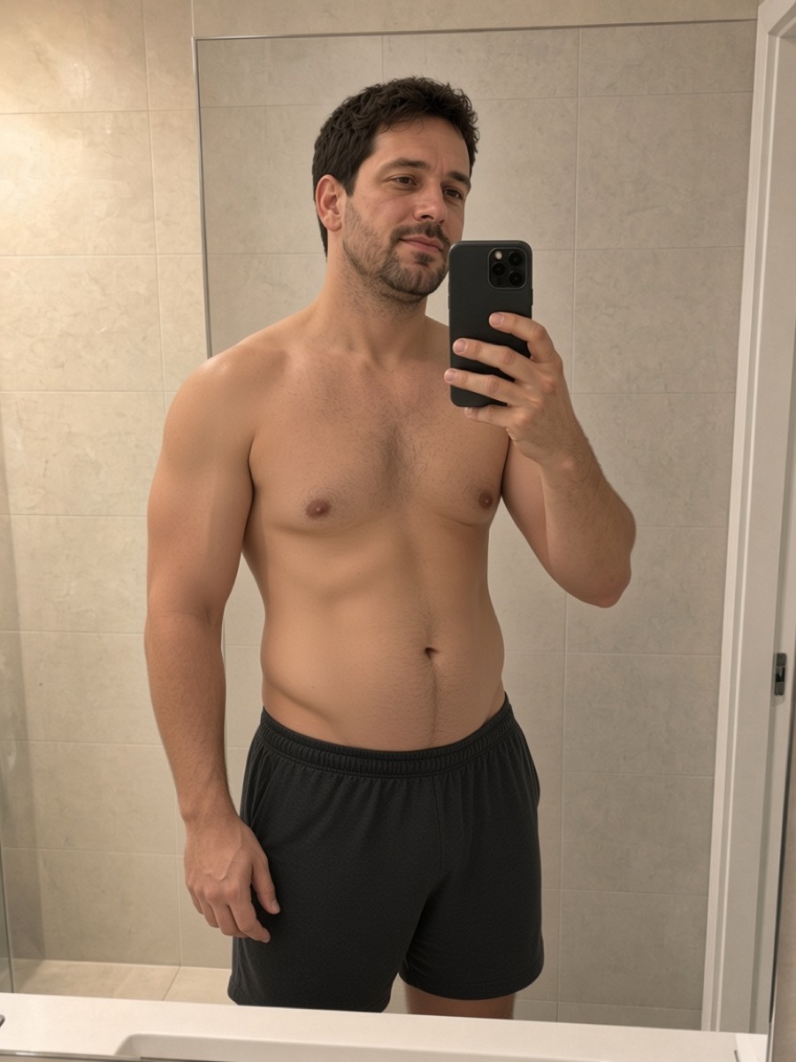 Month 4 bathroom selfie, leaner, chin lifted.