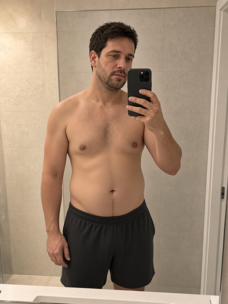 Month 2 bathroom selfie, standing straighter, belly smaller.
