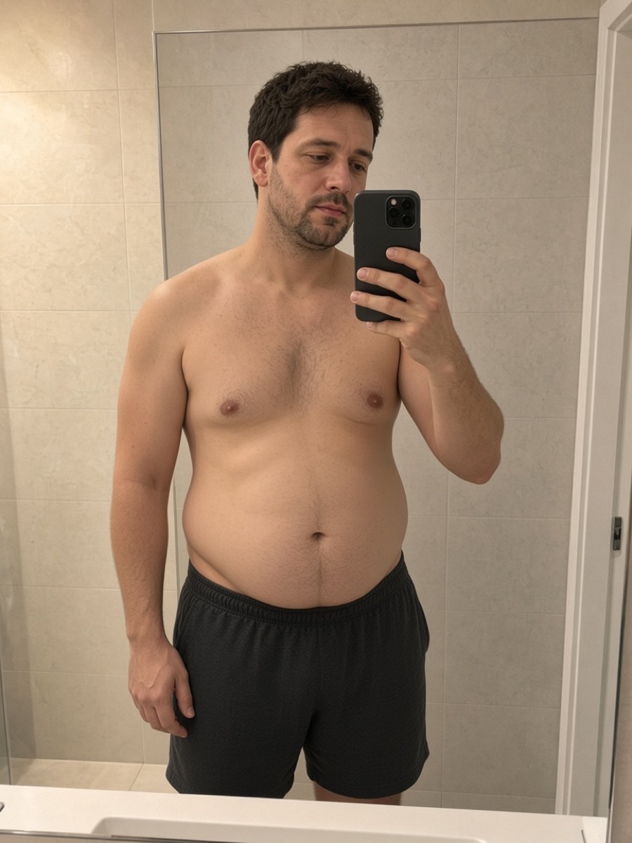Day 1 bathroom selfie, with a larger midsection, looking down.