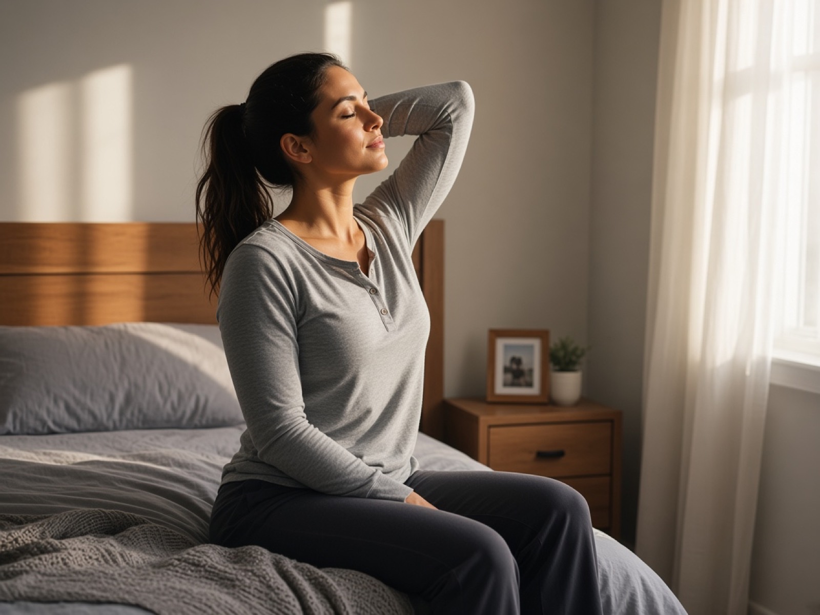 The woman from the first page, stretching on the edge of the bed in the morning.