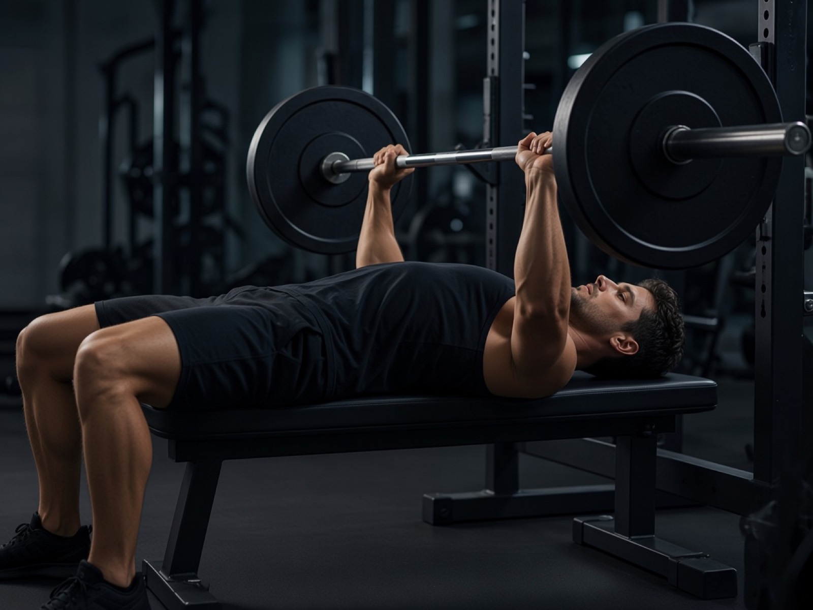 The same man bench pressing in a dark gym.
